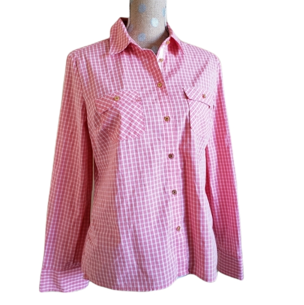 Gingham pink-orange white button-down Jaclyn Smith medium
